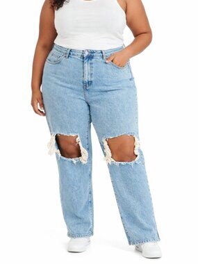 New! PRETTYLITTLETHING Vintage Wash 18 Women's Ripped Knee Split Hem Jeans